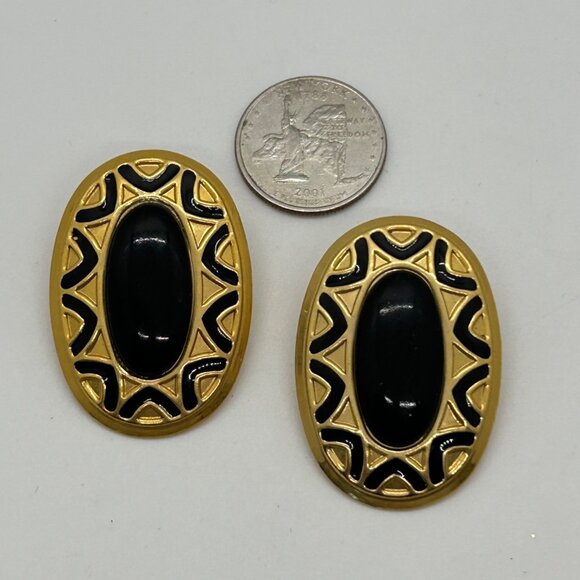 Vintage Pierced Earrings Black Cabochon 80s 90s Gold Tone Etruscan Revival - Picture 7 of 12
